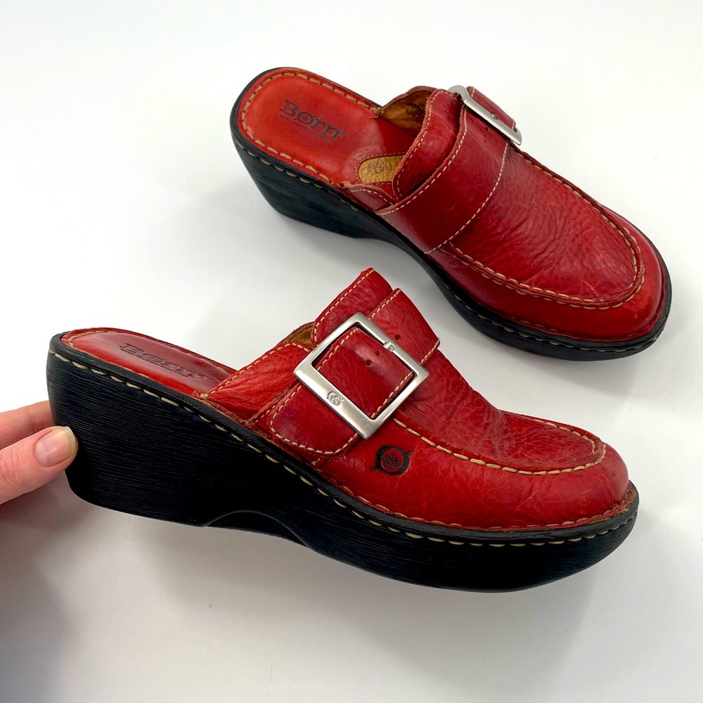 Born Hand Crafted Leather Brick Red Buckle Mules Slip On